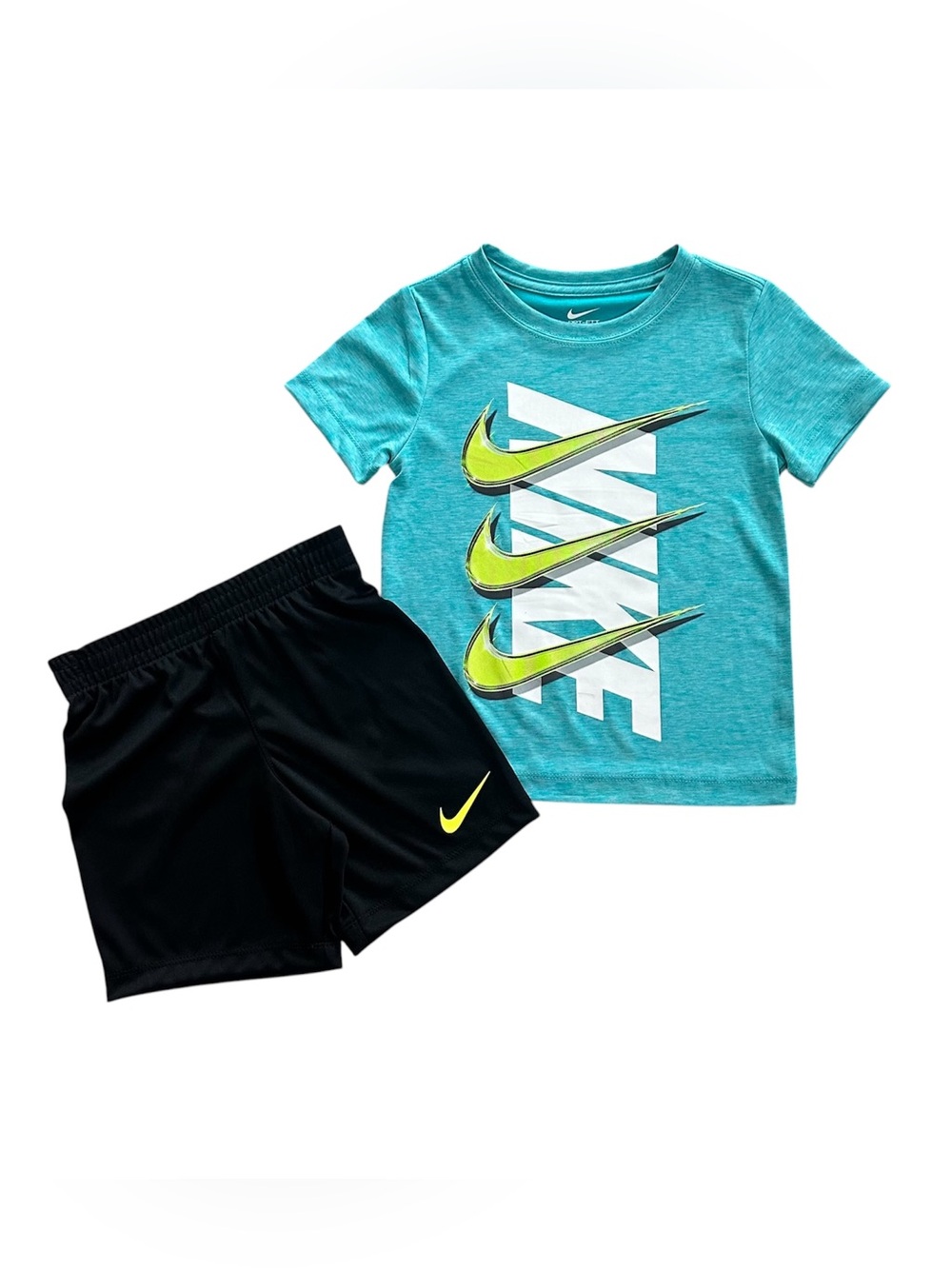 Nike Dri-FIT Boys 2-Piece Shorts Set Size 4 NWT Aqua Graphic Tee Black Shorts